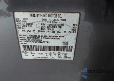 2014 Ford Explorer Xlt из США, поврежденный, VIN 1FM5K7D87EGA67729